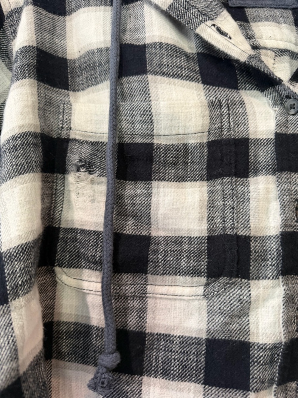 American Eagle Navy & Cream Plaid Hooded Grunge Cropped Shacket - Picture 4 of 10